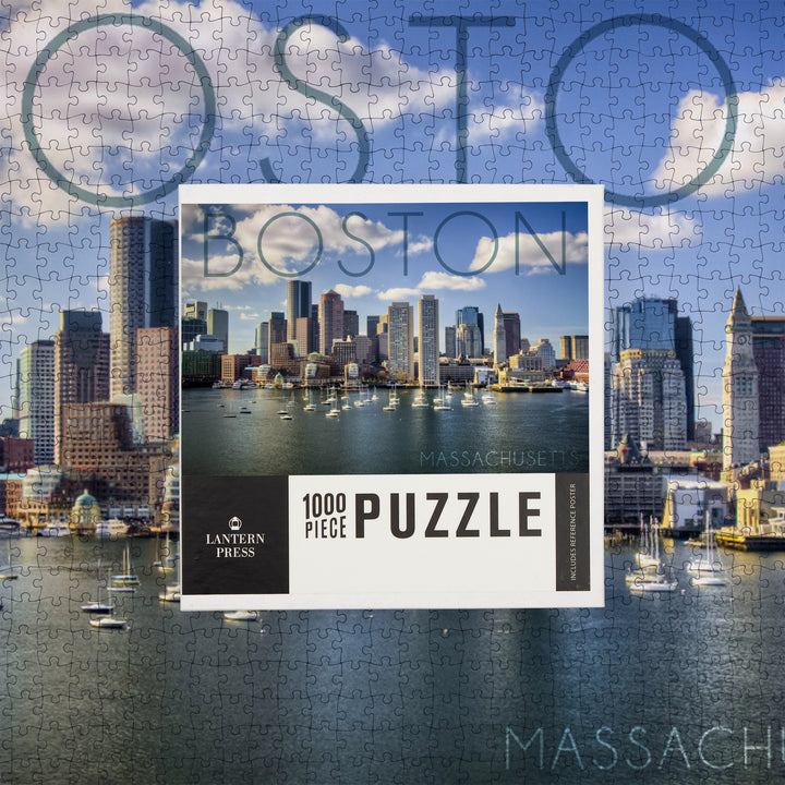 Boston, Massachusetts, Skyline and Sailboats, Jigsaw Puzzle Puzzle Lantern Press 