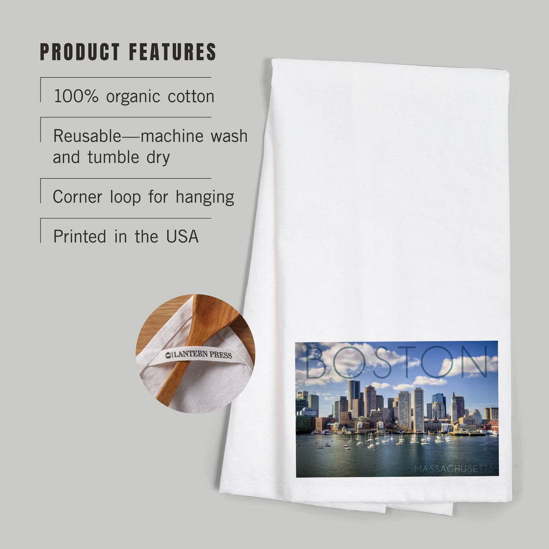 Boston, Massachusetts, Skyline and Sailboats, Organic Cotton Kitchen Tea Towels - Lantern Press