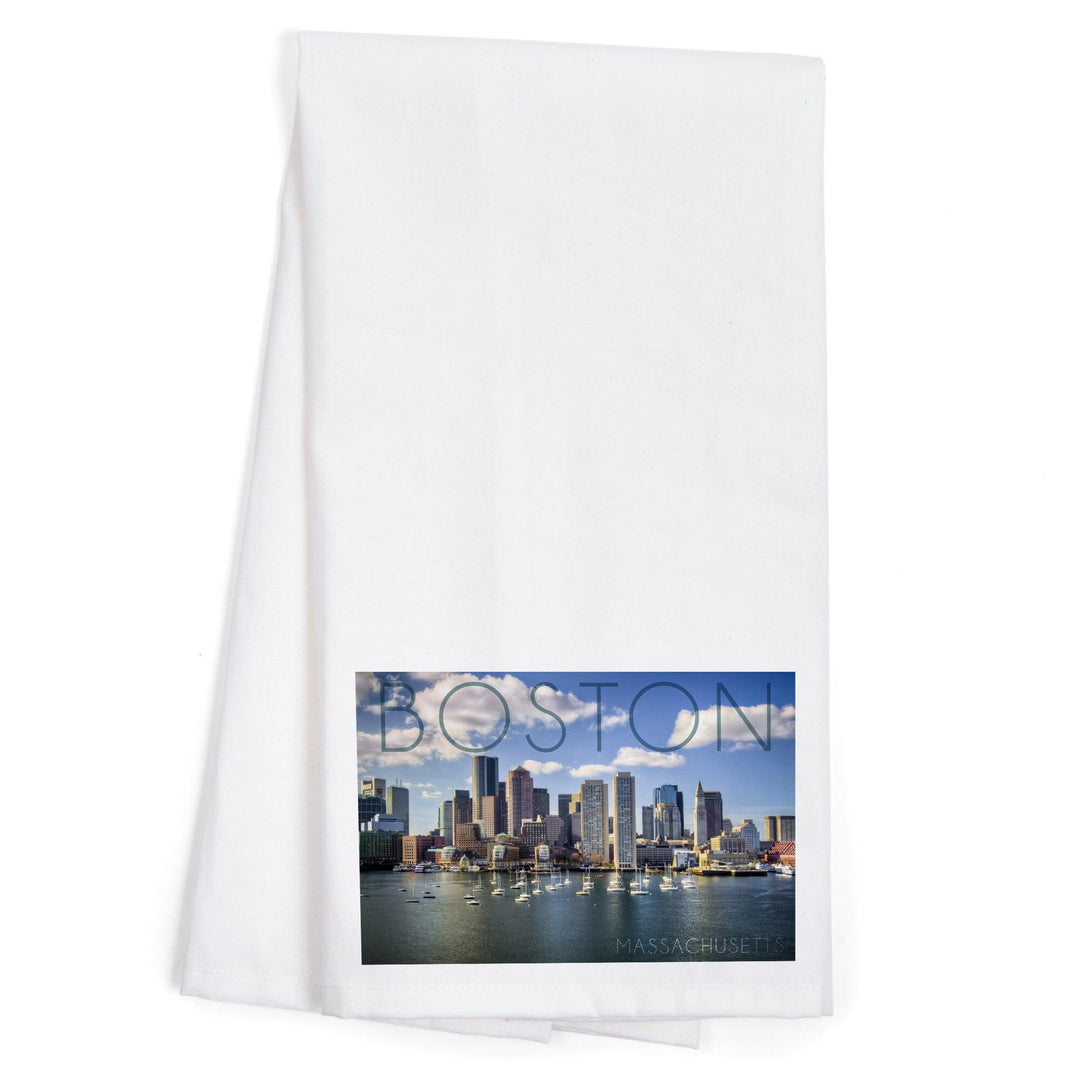 Boston, Massachusetts, Skyline and Sailboats, Organic Cotton Kitchen Tea Towels Kitchen Lantern Press 