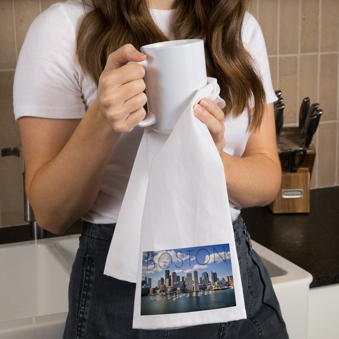 Boston, Massachusetts, Skyline and Sailboats, Organic Cotton Kitchen Tea Towels Kitchen Lantern Press 