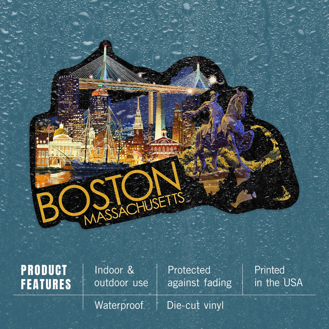 Boston, Massachusetts, Skyline at Night, Contour, Lantern Press Artwork, Vinyl Sticker Sticker Lantern Press 