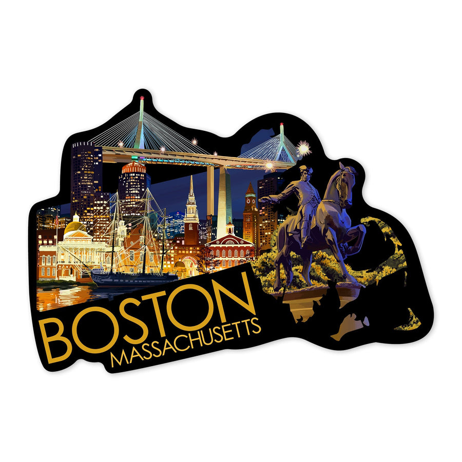 Boston, Massachusetts, Skyline at Night, Contour, Lantern Press Artwork, Vinyl Sticker Sticker Lantern Press 