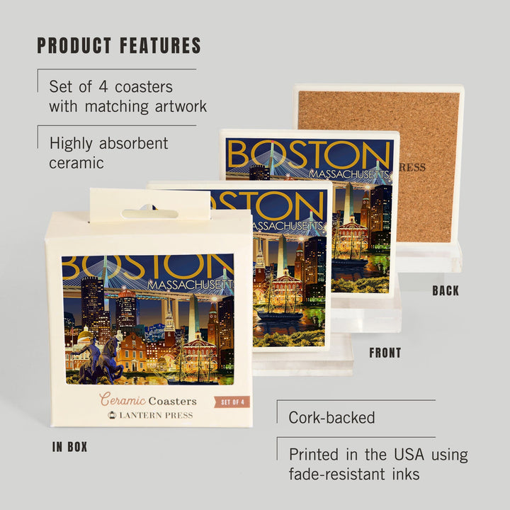 Boston, Massachusetts, Skyline at Night, Lantern Press Artwork, Coaster Set - Lantern Press