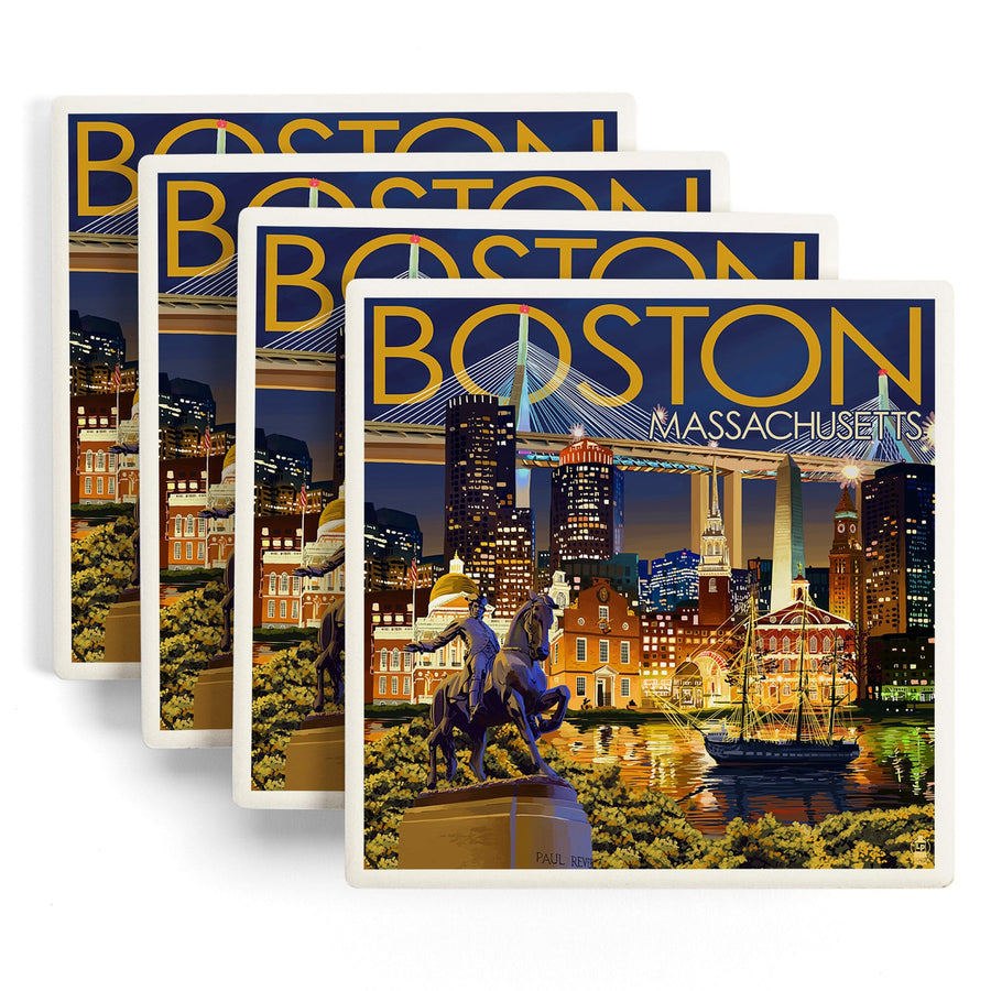 Boston, Massachusetts, Skyline at Night, Lantern Press Artwork, Coaster Set - Lantern Press