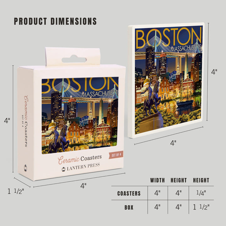 Boston, Massachusetts, Skyline at Night, Lantern Press Artwork, Coaster Set - Lantern Press