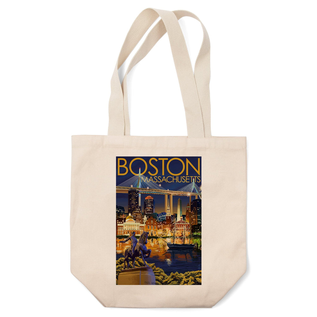 Boston, Massachusetts, Skyline at Night, Lantern Press Artwork, Tote Bag Totes Lantern Press 