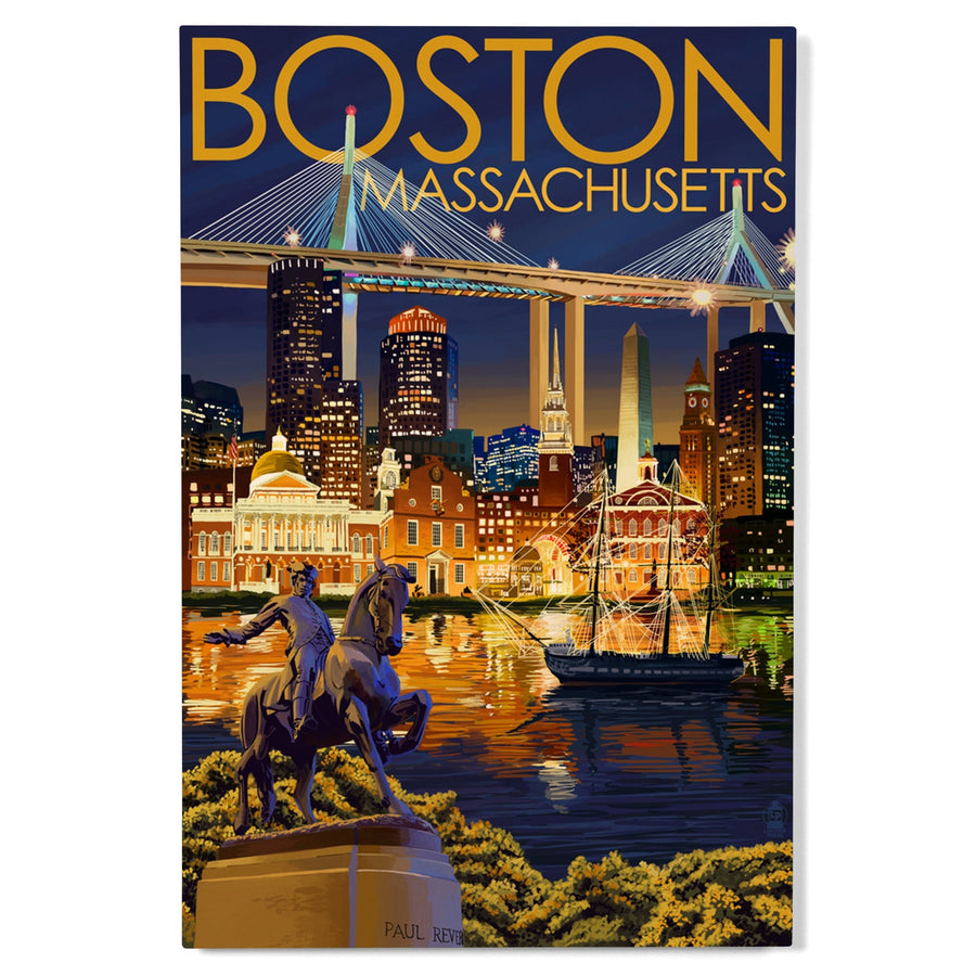 Boston, Massachusetts, Skyline at Night, Lantern Press Artwork, Wood Signs and Postcards Wood Lantern Press 