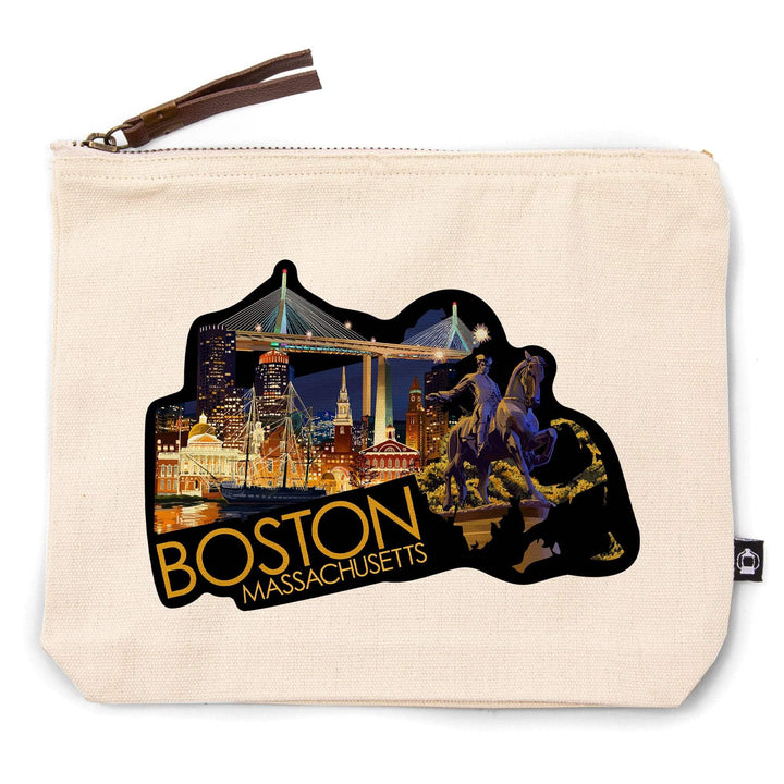 Boston, Massachusetts, Skyline at Night,, Organic Cotton Zipper Pouch, Go Bag Go Bag Lantern Press 