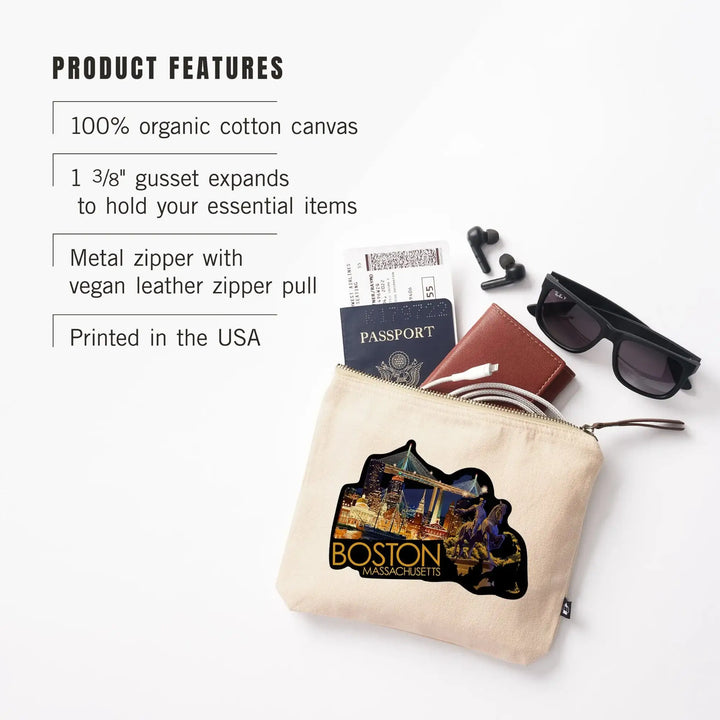 Boston, Massachusetts, Skyline at Night,, Organic Cotton Zipper Pouch, Go Bag Go Bag Lantern Press 