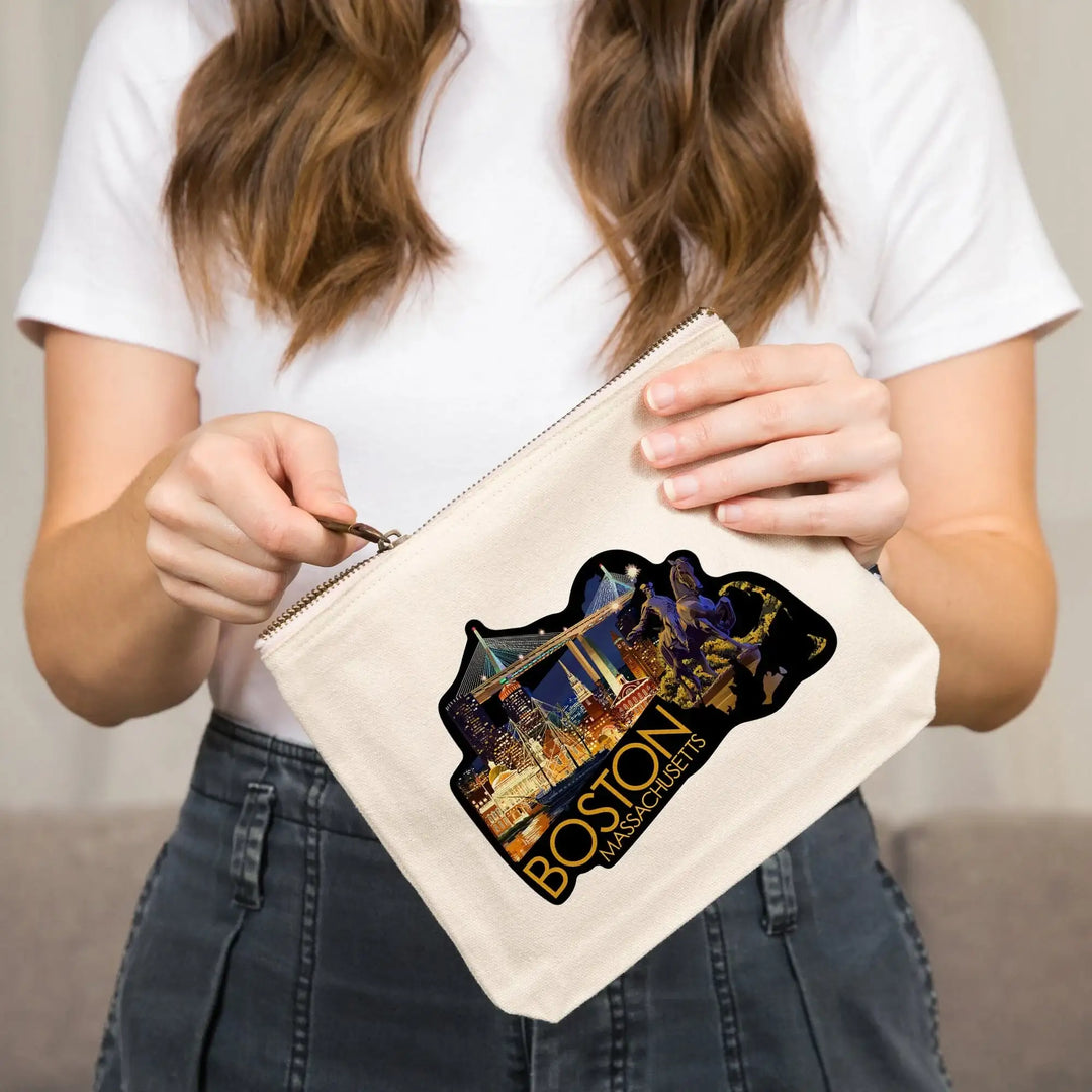 Boston, Massachusetts, Skyline at Night,, Organic Cotton Zipper Pouch, Go Bag Go Bag Lantern Press 