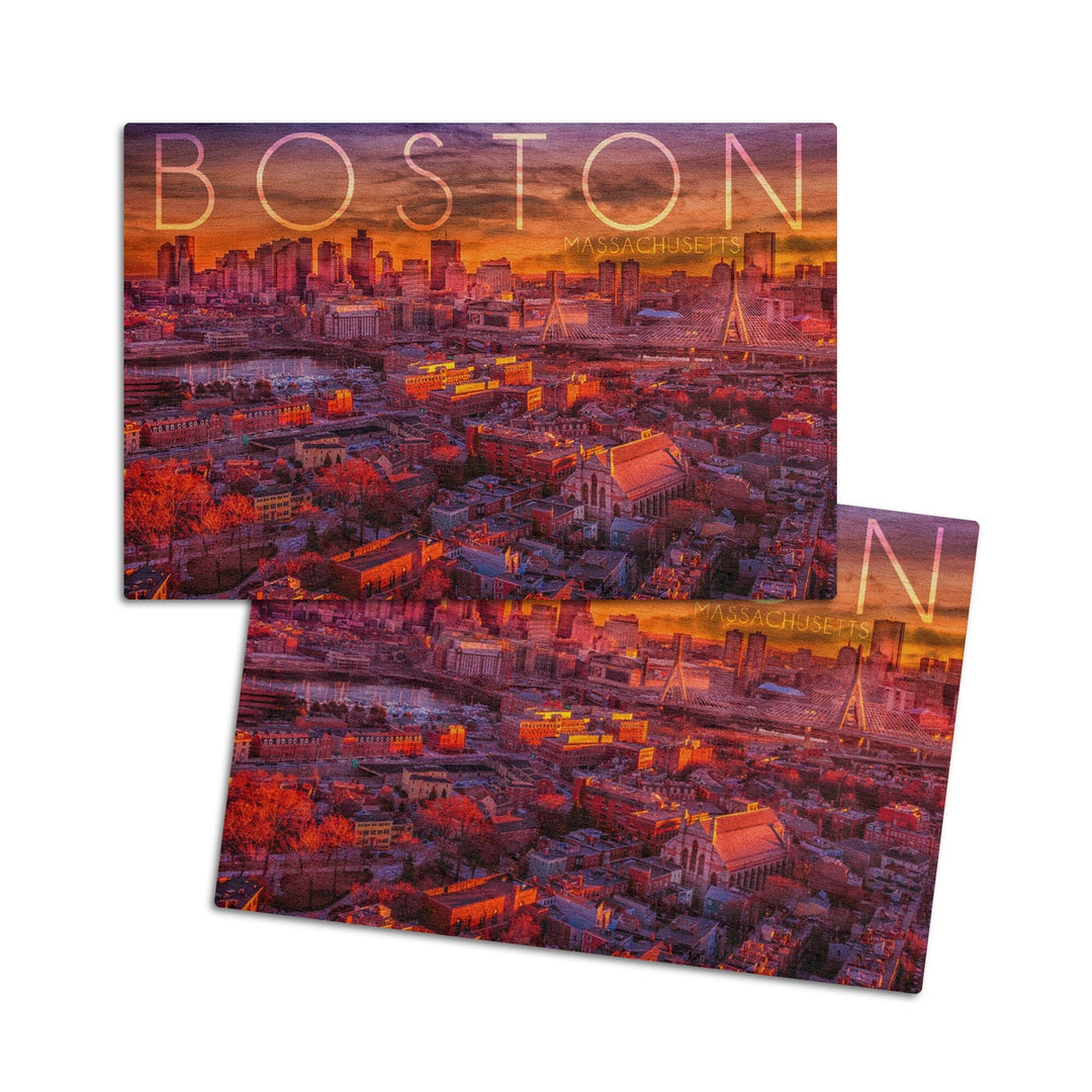 Boston, Massachusetts, Skyline at Sunset, Lantern Press Photography, Wood Signs and Postcards Wood Lantern Press 4x6 Wood Postcard Set 