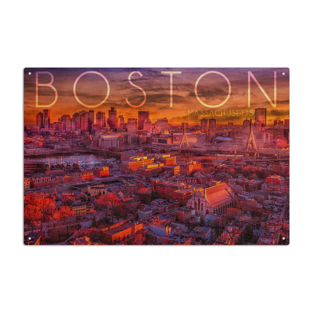 Boston, Massachusetts, Skyline at Sunset, Lantern Press Photography, Wood Signs and Postcards Wood Lantern Press 6x9 Wood Sign 