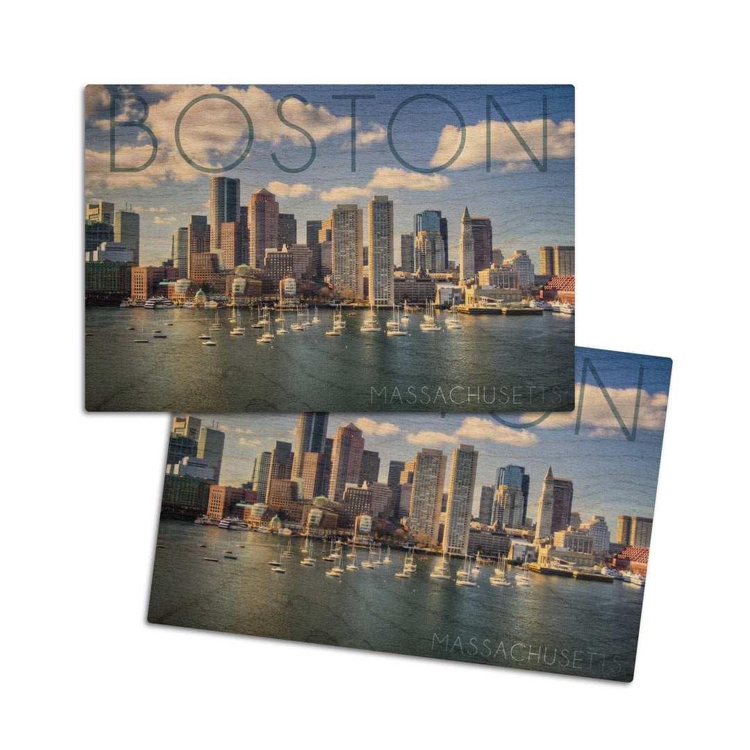 Boston, Massachusetts, Skyline & Sailboats, Lantern Press Photography, Wood Signs and Postcards Wood Lantern Press 4x6 Wood Postcard Set 
