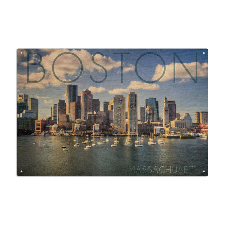 Boston, Massachusetts, Skyline & Sailboats, Lantern Press Photography, Wood Signs and Postcards Wood Lantern Press 6x9 Wood Sign 