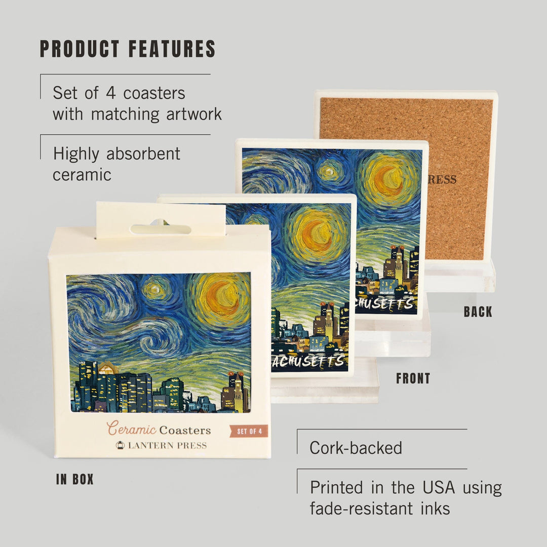 Boston, Massachusetts, Starry Night City Series, Lantern Press Artwork, Coaster Set - Lantern Press