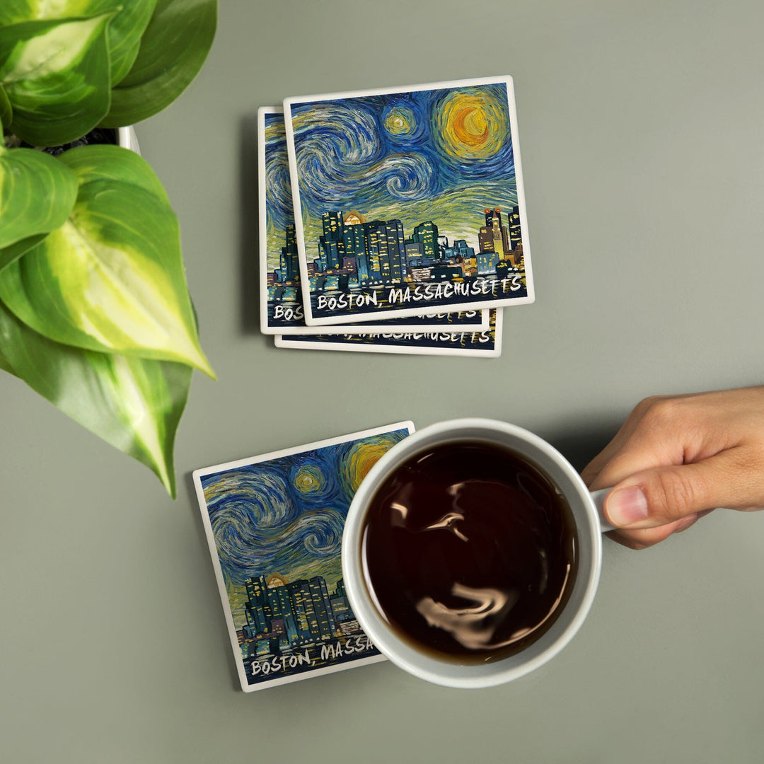 Boston, Massachusetts, Starry Night City Series, Lantern Press Artwork, Coaster Set - Lantern Press