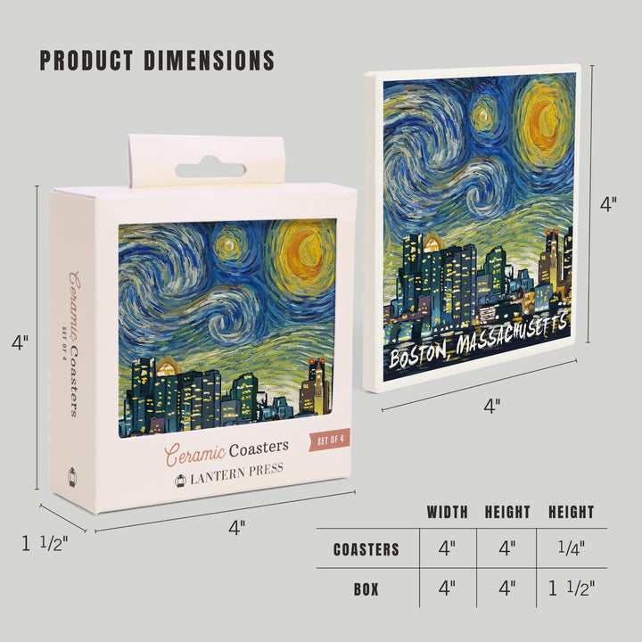 Boston, Massachusetts, Starry Night City Series, Lantern Press Artwork, Coaster Set - Lantern Press