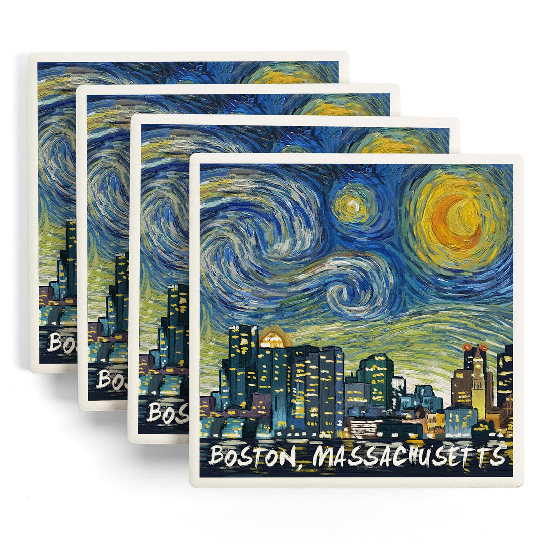 Boston, Massachusetts, Starry Night City Series, Lantern Press Artwork, Coaster Set - Lantern Press