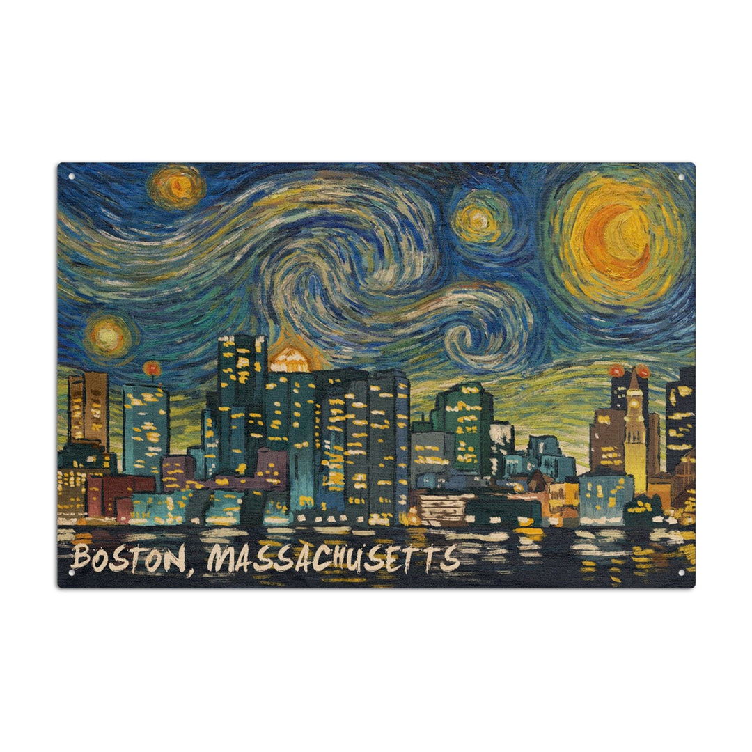 Boston, Massachusetts, Starry Night City Series, Lantern Press Artwork, Wood Signs and Postcards Wood Lantern Press 10 x 15 Wood Sign 