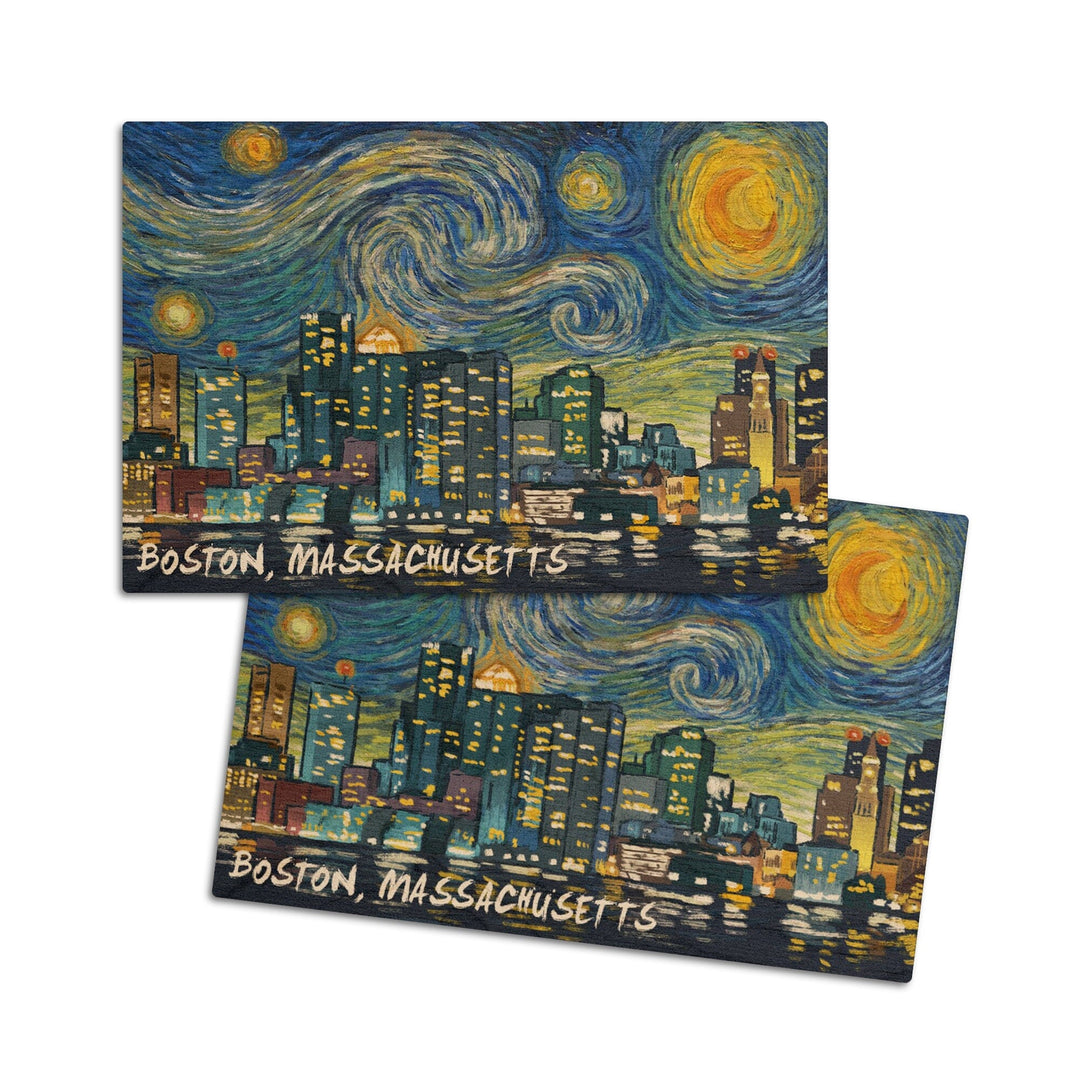 Boston, Massachusetts, Starry Night City Series, Lantern Press Artwork, Wood Signs and Postcards Wood Lantern Press 4x6 Wood Postcard Set 