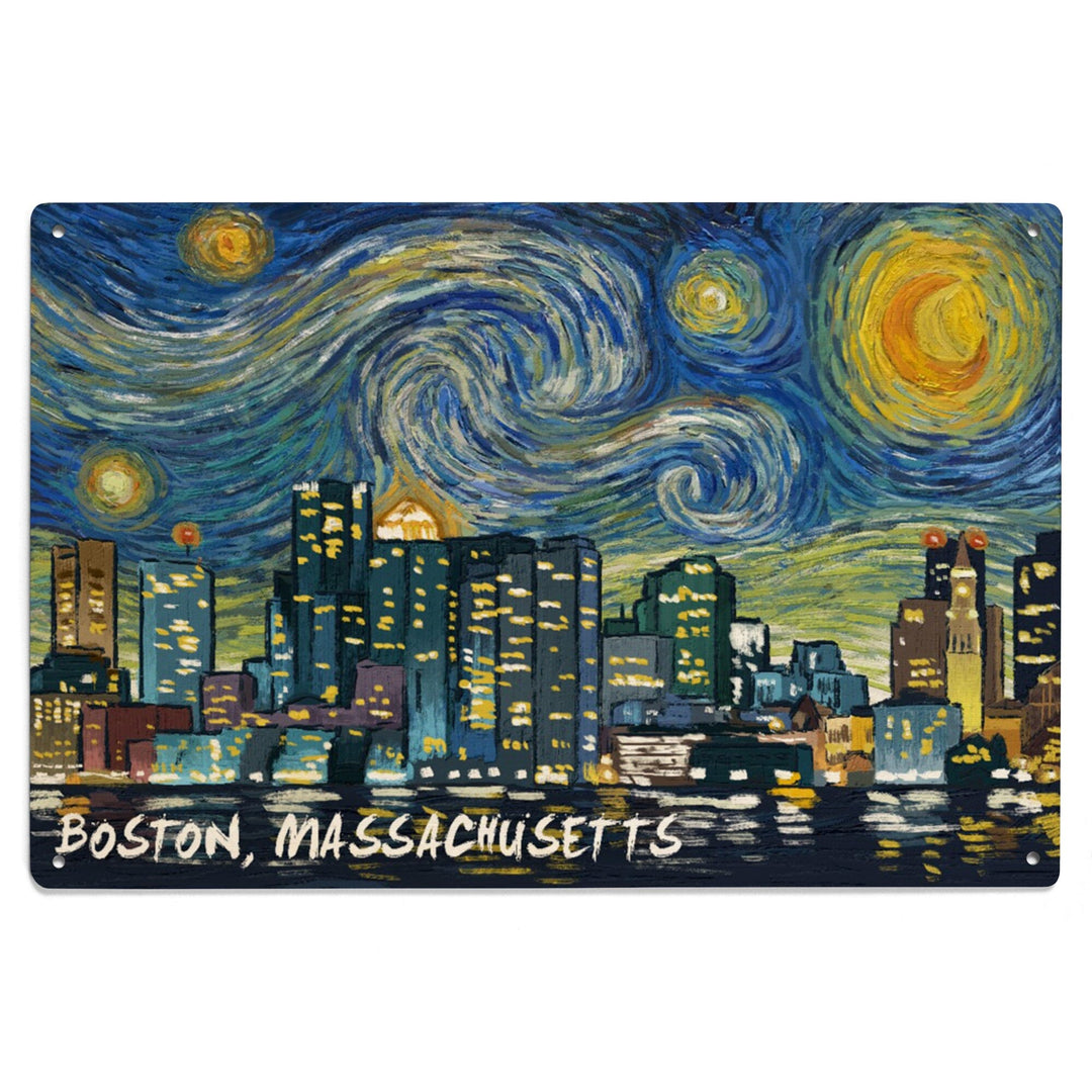 Boston, Massachusetts, Starry Night City Series, Lantern Press Artwork, Wood Signs and Postcards Wood Lantern Press 
