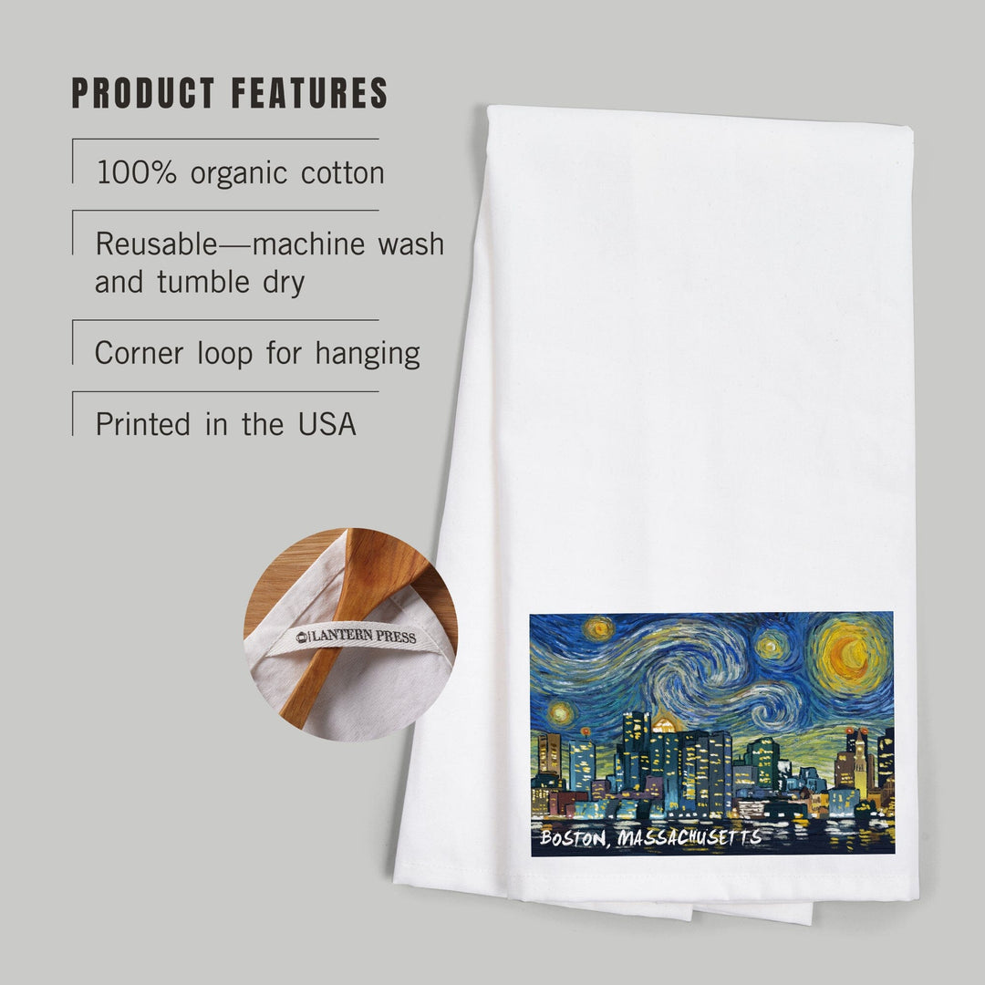 Boston, Massachusetts, Starry Night City Series, Organic Cotton Kitchen Tea Towels Kitchen Lantern Press 
