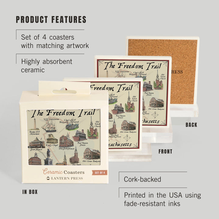 Boston, Massachusetts, The Freedom Trail, Lantern Press Artwork, Coaster Set - Lantern Press