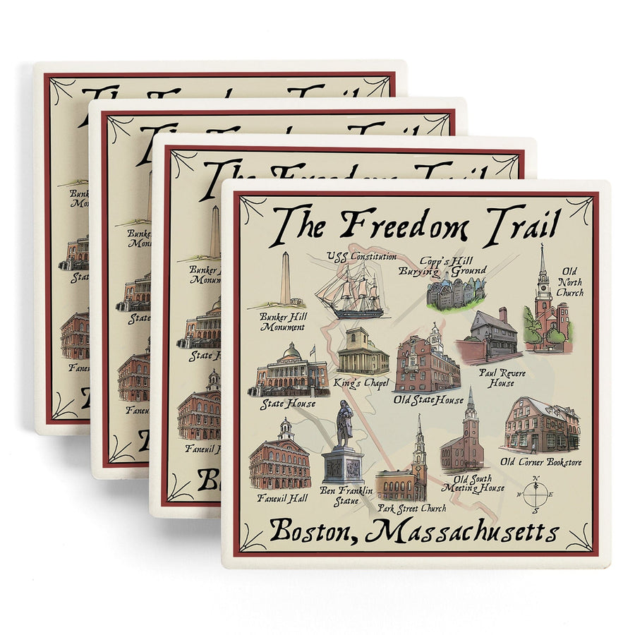 Boston, Massachusetts, The Freedom Trail, Lantern Press Artwork, Coaster Set - Lantern Press