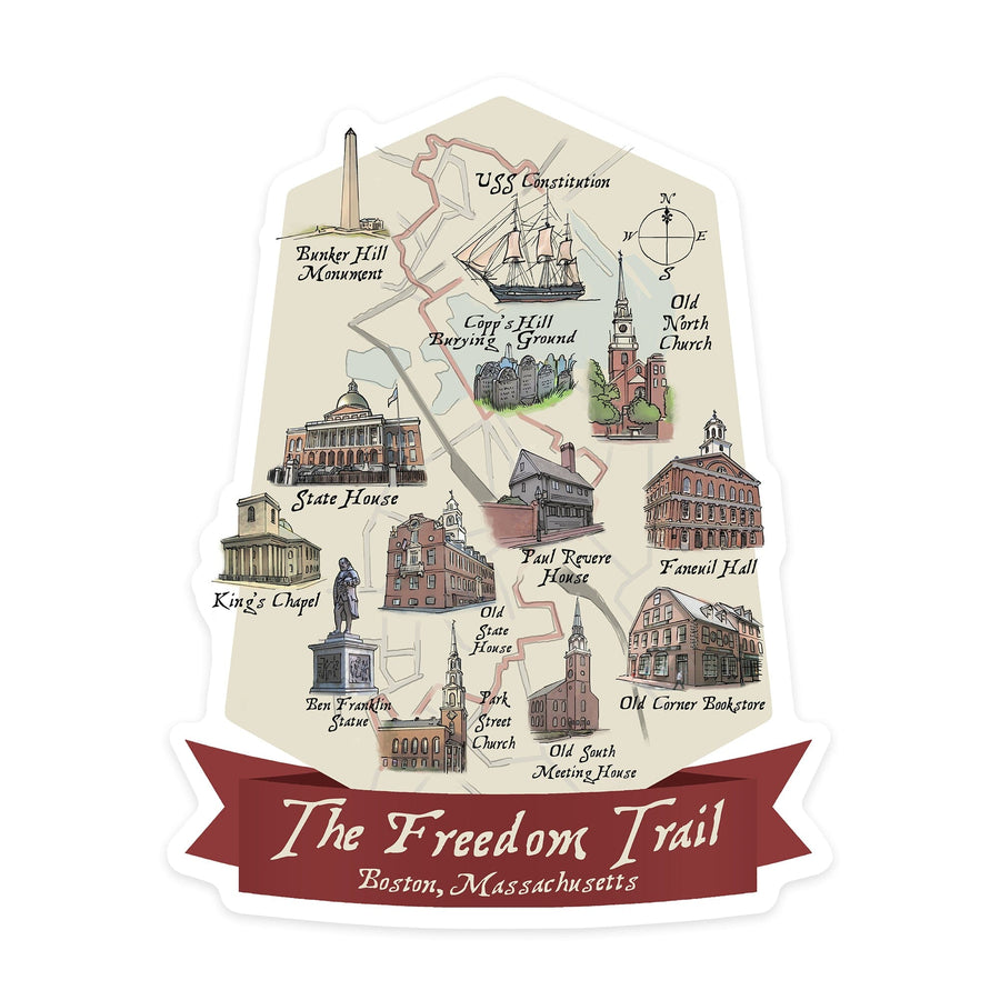 Boston, Massachusetts, The Freedom Trail, Map, Contour, Lantern Press Artwork, Vinyl Sticker Sticker Lantern Press 
