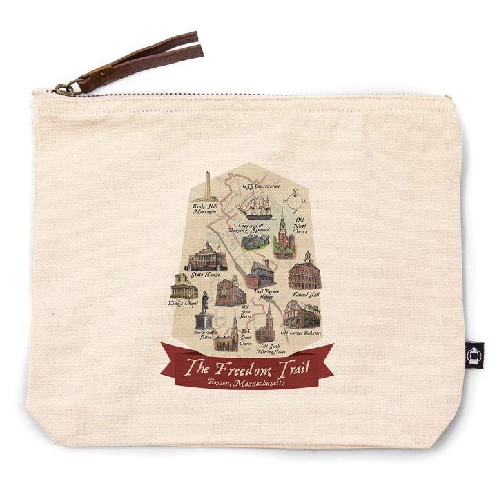 Boston, Massachusetts, The Freedom Trail, Map,, Organic Cotton Zipper Pouch, Go Bag Go Bag Lantern Press 