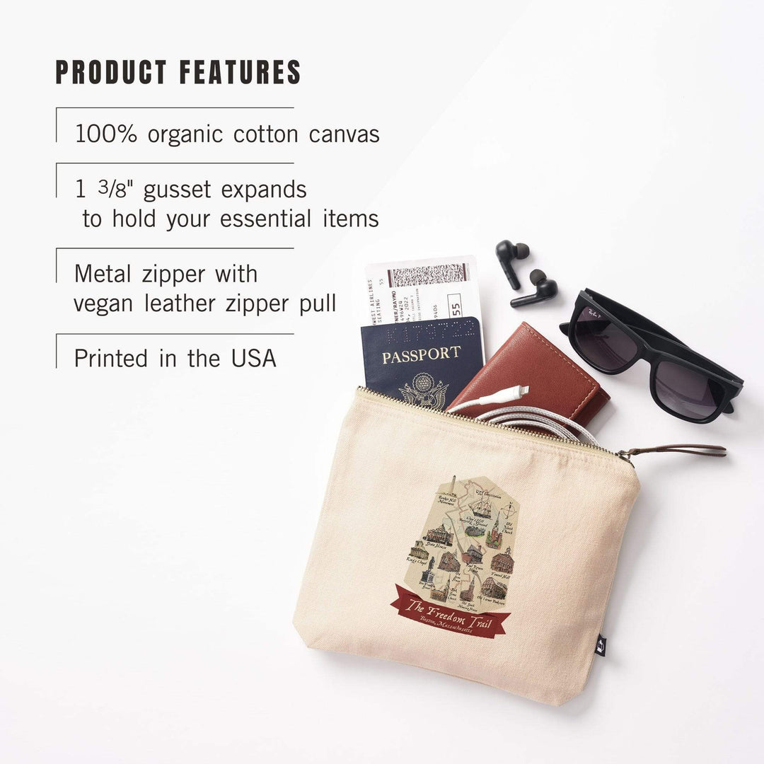 Boston, Massachusetts, The Freedom Trail, Map,, Organic Cotton Zipper Pouch, Go Bag Go Bag Lantern Press 