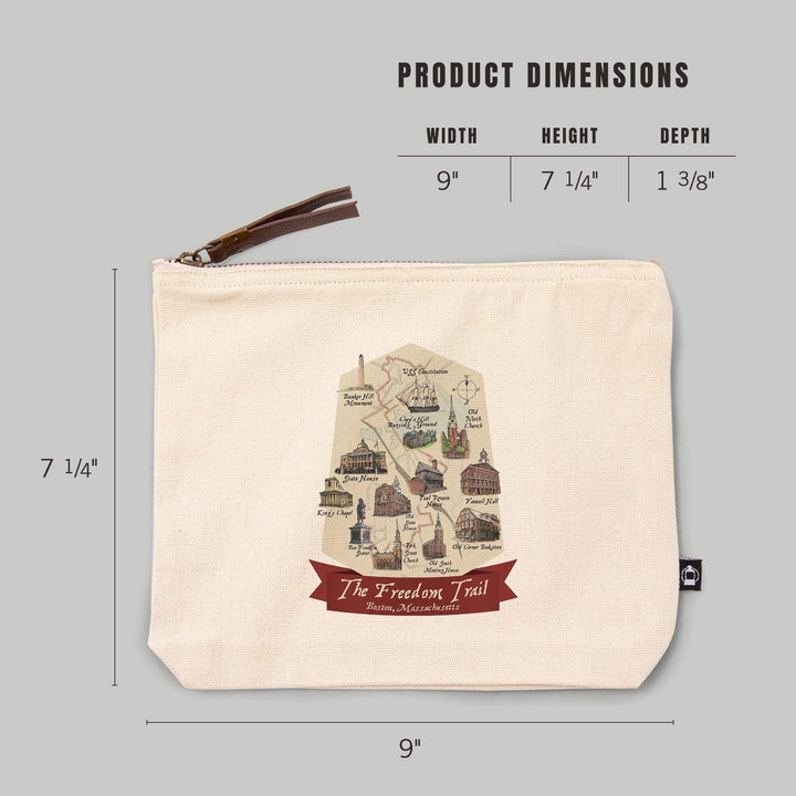 Boston, Massachusetts, The Freedom Trail, Map,, Organic Cotton Zipper Pouch, Go Bag Go Bag Lantern Press 