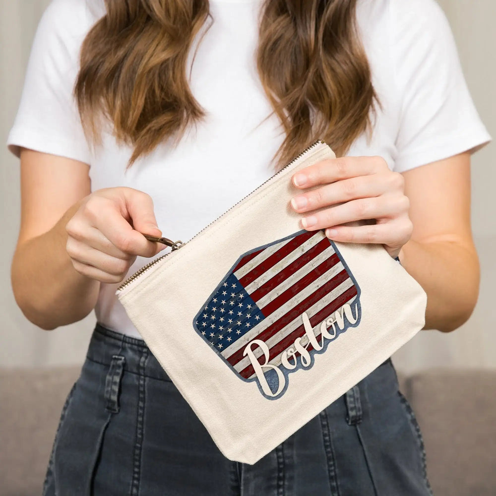 Boston, Massachusetts, USA, Distressed Flag,, Organic Cotton Zipper Pouch, Go Bag Go Bag Lantern Press 