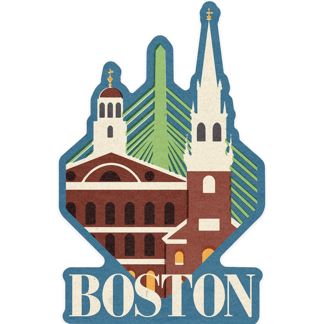 Boston, Massachusetts, Woodblock, Contour, Vinyl Sticker - Lantern Press