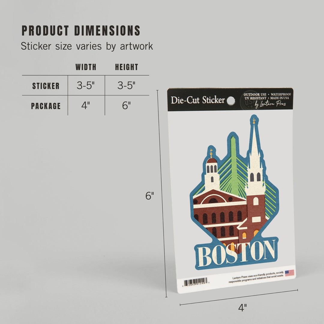 Boston, Massachusetts, Woodblock, Contour, Vinyl Sticker - Lantern Press