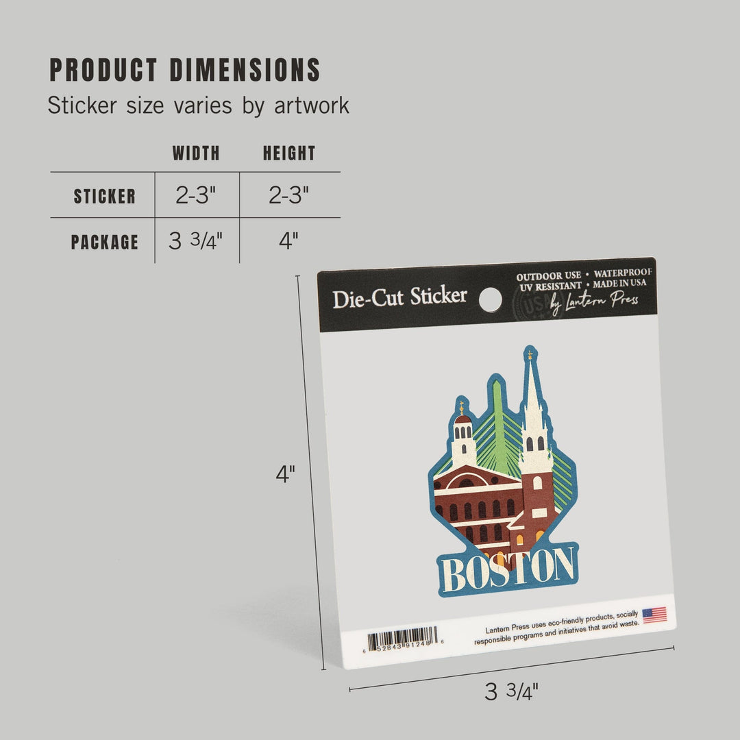Boston, Massachusetts, Woodblock, Contour, Vinyl Sticker - Lantern Press