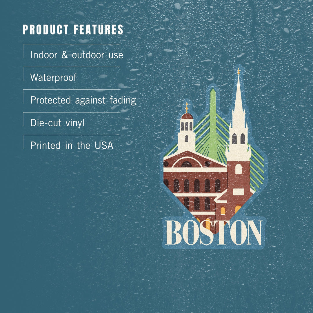Boston, Massachusetts, Woodblock, Contour, Vinyl Sticker - Lantern Press