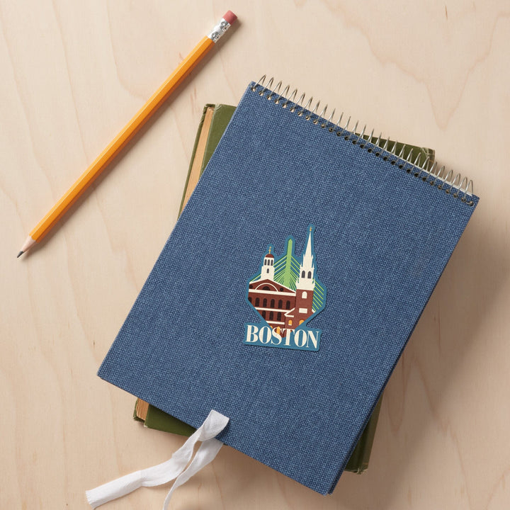 Boston, Massachusetts, Woodblock, Contour, Vinyl Sticker - Lantern Press