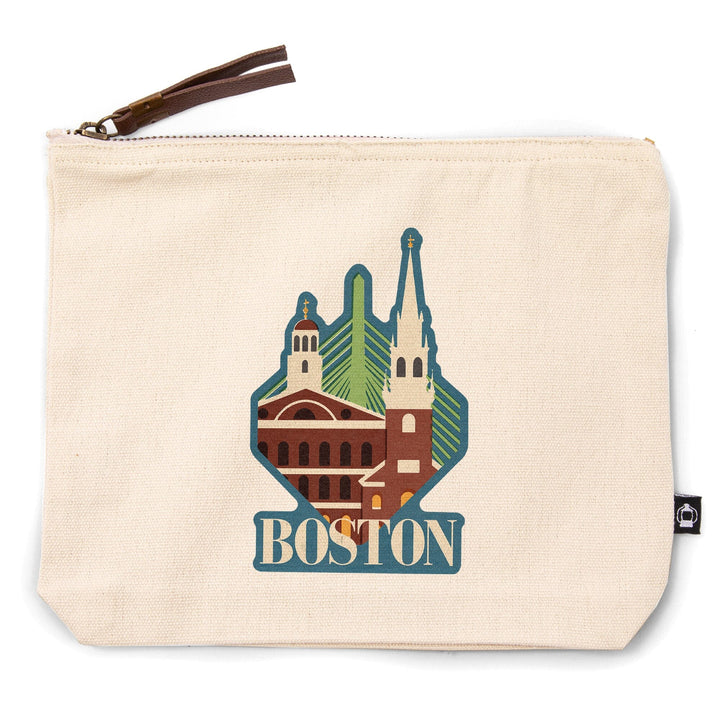 Boston, Massachusetts, Woodblock,, Organic Cotton Zipper Pouch, Go Bag Go Bag Lantern Press 