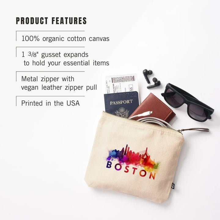 Boston, Skyline Abstract, Large Letters,, Organic Cotton Zipper Pouch, Go Bag Go Bag Lantern Press 