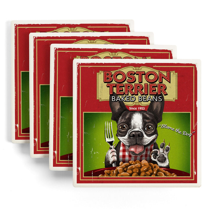 Boston Terrier, Retro Baked Beans Ad, Lantern Press Artwork, Coaster Set - Lantern Press