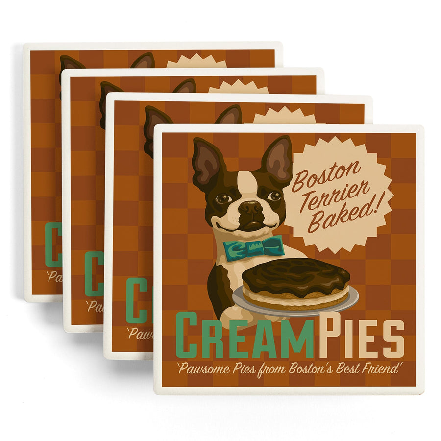 Boston Terrier, Retro Cream Pie Ad, Lantern Press Artwork, Coaster Set - Lantern Press