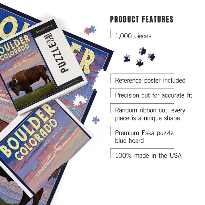 Boulder, Colorado, Bison and Sunset, Jigsaw Puzzle Puzzle Lantern Press 