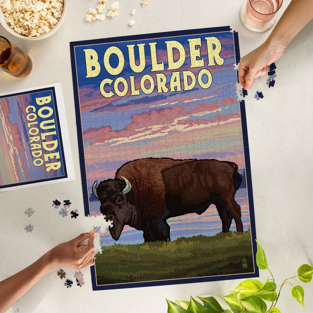 Boulder, Colorado, Bison and Sunset, Jigsaw Puzzle Puzzle Lantern Press 