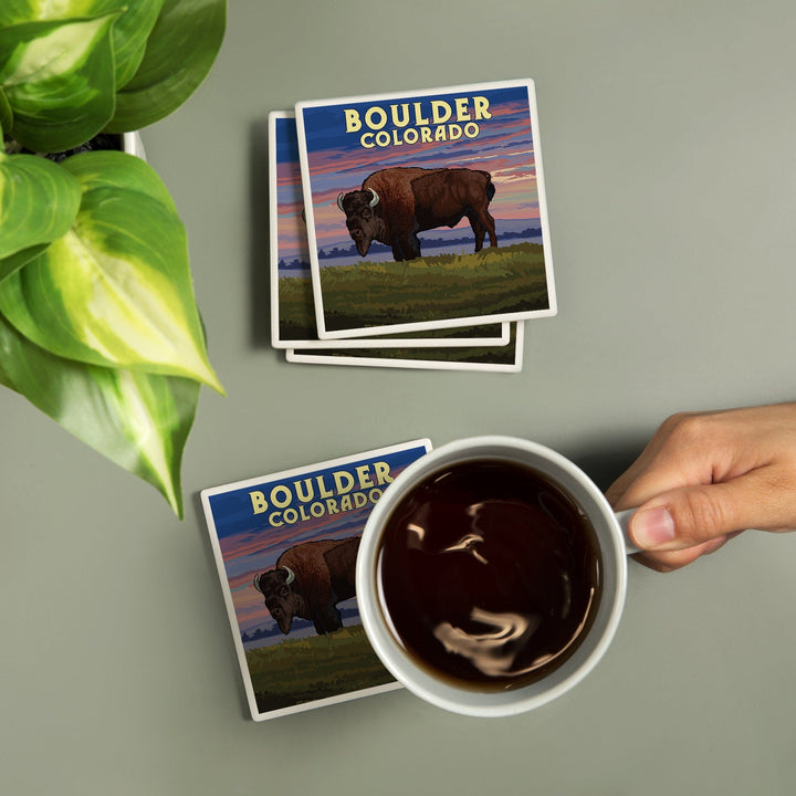 Boulder, Colorado, Bison & Sunset, Lantern Press Artwork, Coaster Set - Lantern Press