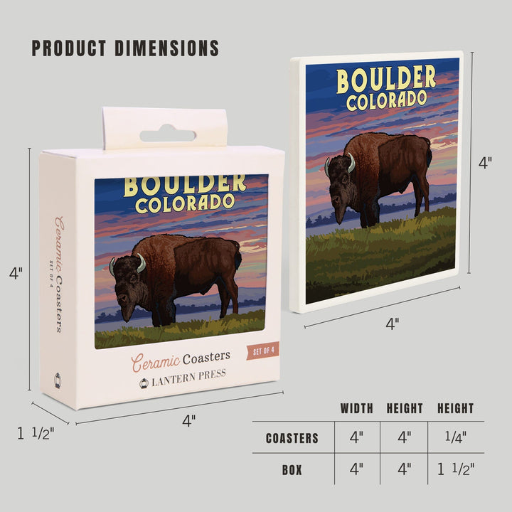 Boulder, Colorado, Bison & Sunset, Lantern Press Artwork, Coaster Set - Lantern Press