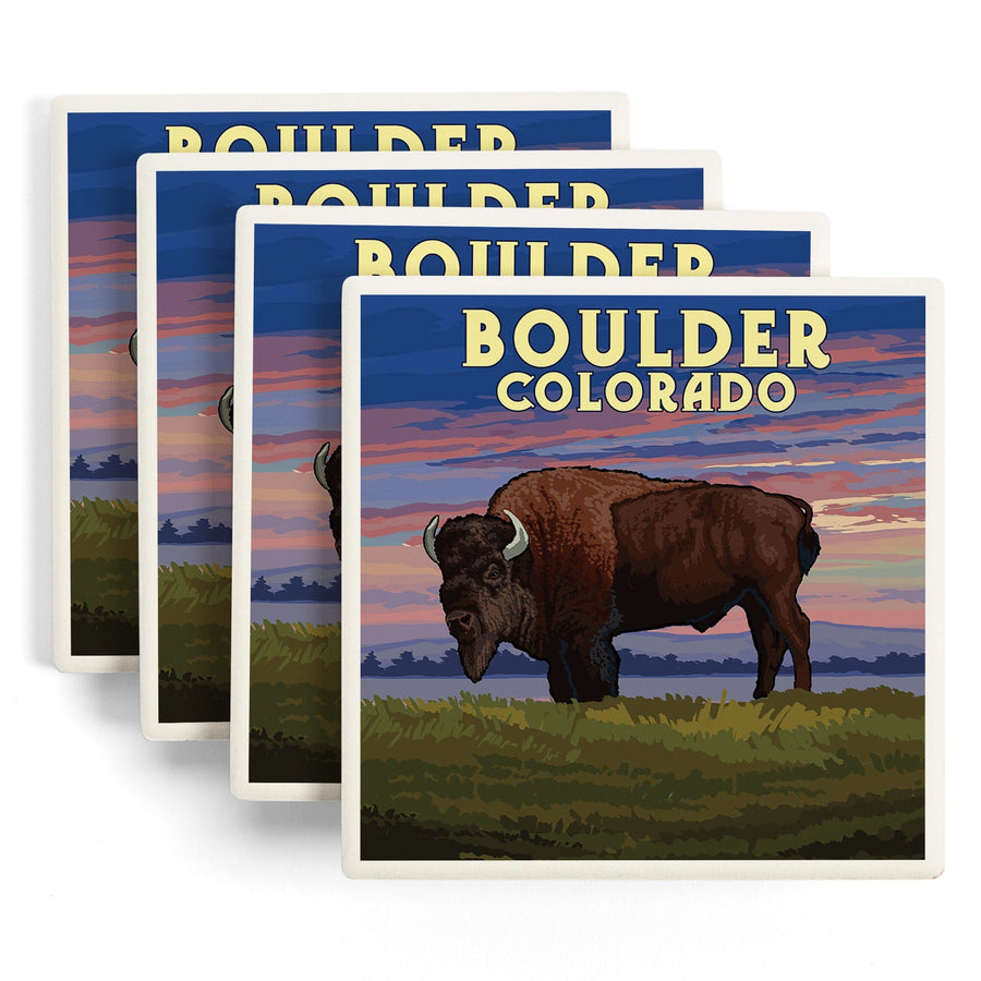 Boulder, Colorado, Bison & Sunset, Lantern Press Artwork, Coaster Set - Lantern Press