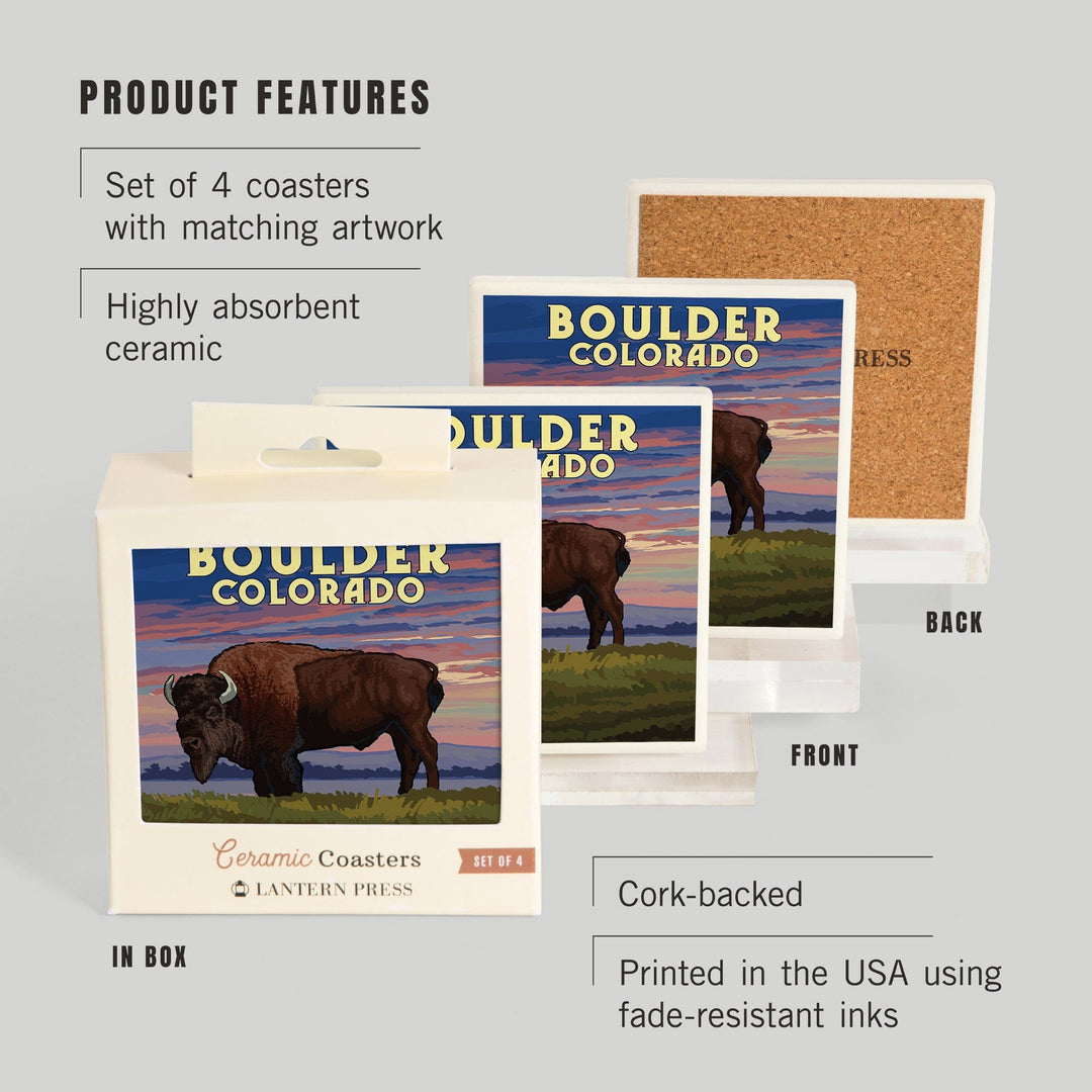 Boulder, Colorado, Bison & Sunset, Lantern Press Artwork, Coaster Set - Lantern Press