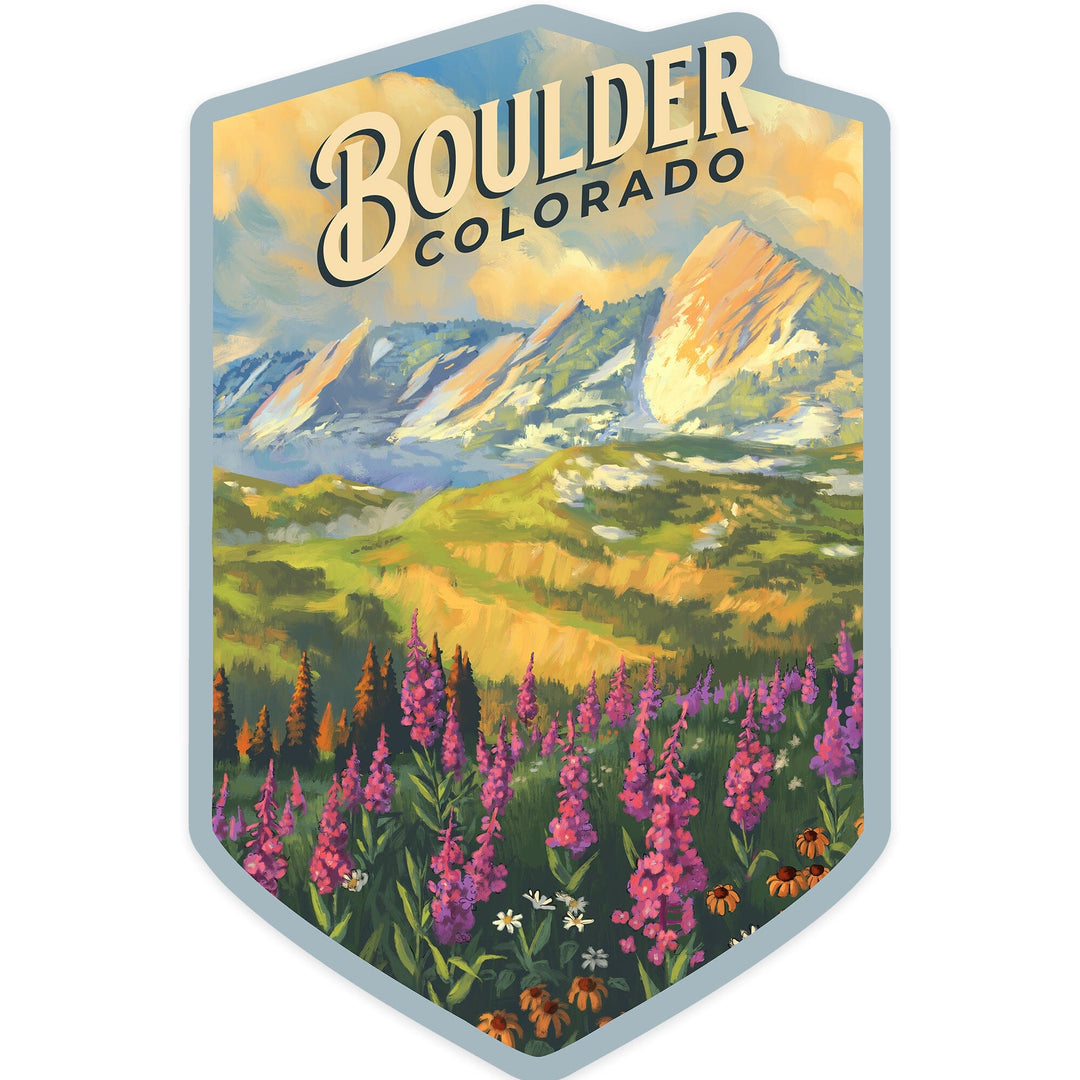 Boulder, Colorado, Flatirons, Oil Painting, Contour, Vinyl Sticker Sticker Lantern Press 