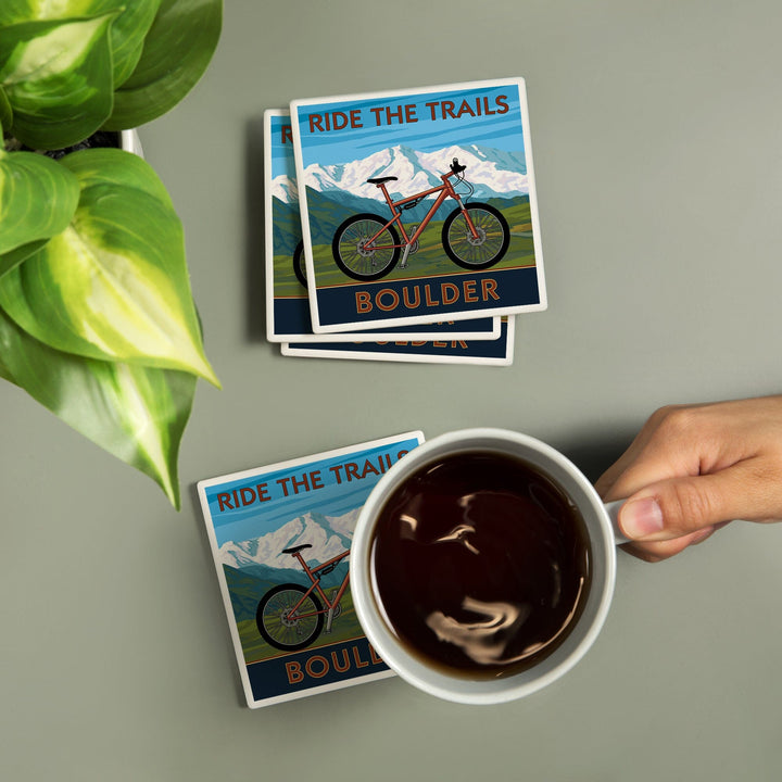 Boulder, Colorado, Mountain Bike, Lantern Press Artwork, Coaster Set - Lantern Press